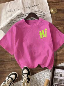 Kaos Wanita Lengan Pendek Kasual Serbaguna untuk Sehari-hari, Leher Bulat, Motif Huruf, Cocok untuk Musim Panas. - Hot Pink - View 2