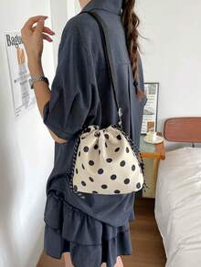 1 pieza Bolso cubo de nailon de unicolor con cordón y patrón de lunares, bolso bandolera de moda para mujer - Beis - Ver 9