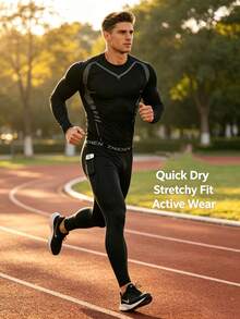 6pcs Men's Sports Compression Set - Breathable Long Sleeve Top & Pocket Long Pants, Elastic Quick-Dry Fitness Running Training Outfit - Black - View 5