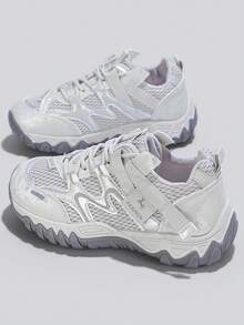 Flipark 1 Pair New Women's Casual Sports Shoes, Tennis Shoes, Preppy Style, Fashion Women's Colorblock Lace-Up Thick Sole Sneakers, Versatile Daily Commute Casual Chunky Sneakers - Light Grey - View 1