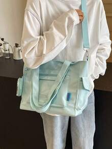 Bolso Tote de Tela Azul Claro para Desplazamientos, Doble Asa, Correa de Hombro Ajustable, Con Pequeña Bolsa de Almacenamiento Cilíndrica - Azul - Ver 4