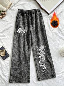 Women's "California Butterfly Rose" Print Washed Thermal Lined Distressed Drawstring Pants, Street Style, High Turn-Back Rate, Suitable For Autumn And Winter - Black - View 3