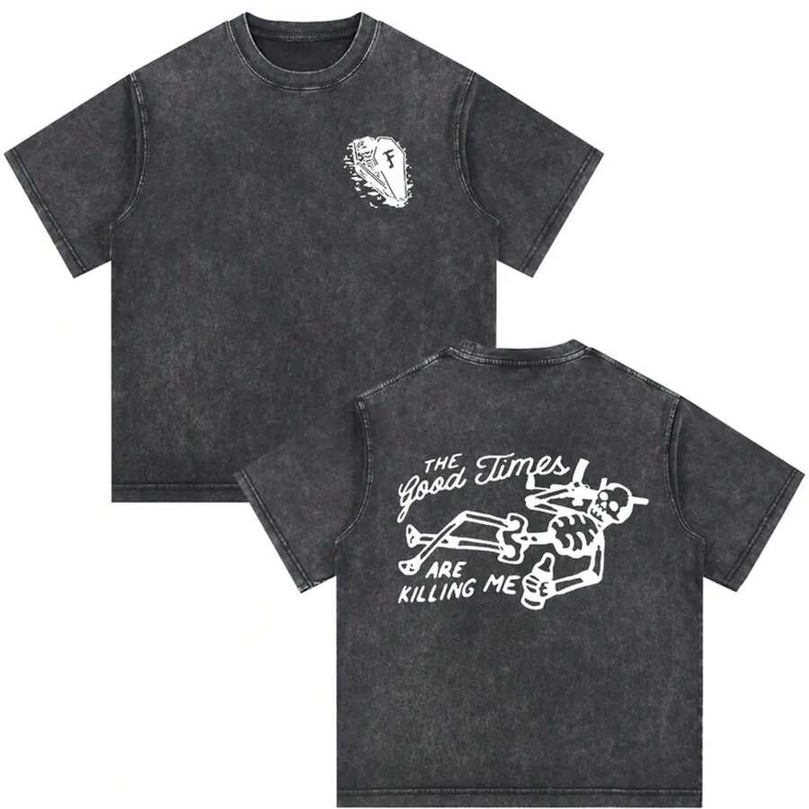 Camiseta Oversized Casual de Estilo Streetwear con Estampado de Esqueleto Forward Observations Group Vintage Washed Fog para Hombre y Mujer - Q012465-Negro - Ver 1