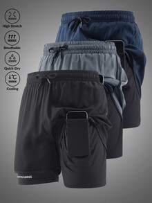 2-In-1 Double Layer Men's Shorts With Built-In Compression Liner, Summer Sports Quick-Dry 3/4 Length Elastic Casual Pants, Boyfriend Black - Black - View 1
