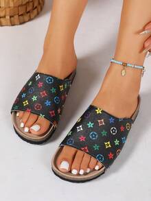 Women's New Summer Fashion Comfortable Colorful Vintage Floral Print Slip-On Thick Sole Sandals, PU Upper With Metal Rivet Trim, Soft Elastic Skin-Friendly Insole, Cork-Textured Thick Anti-Slip Outsole, Classic All-Over Print Retro Stylish Design, Simple Loose Fit, Easy On And Off, Suitable For Home, Beach Vacation, Shopping, Casual Wear, Light Luxury Casual Style - Black - View 4