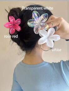 3pcs/Set Women White Rose Red Transparent White Gradient Floral Large Plastic Hair Claw Clips, 7.8cm (3.07in) Long, Lightweight Minimalist Solid Color, Elegant Luxury, Versatile Fashion. Bathroom Hair Accessories, Suitable For Daily Outings, Casual Gatherings, Commuting, Beach Vacations; Can Be Used For Styling, Updos, Ponytails, Face Washing, Bathing, Makeup, Matching Outfits, Hair Claw Hair Accessories - Multicolor - View 2