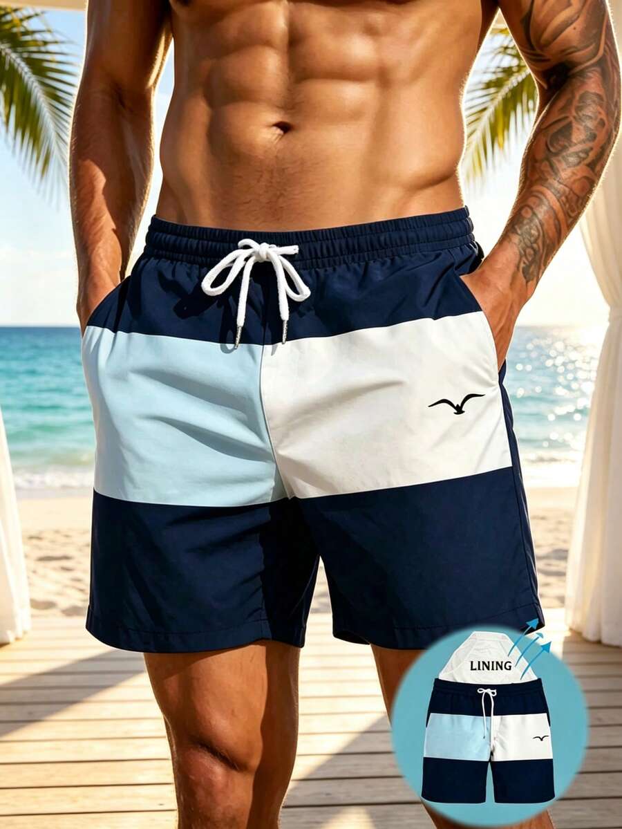 Pantalones cortos casuales de playa para vacaciones para hombres con estampado de bloques de color, cintura elástica con cordón, bolsillos inclinados y forro de malla