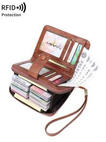 MIYIN Fashion Retro Hollow Design Credit Card Wallet, Women's, RFID Anti-Theft, Large Capacity Bifold Zipper Card Holder, With Wrist Strap, 32 Card Slots, Short Wallet, Wristlet Wallet, RFID Wallet, Suitable For Party, Shopping, Travel - Brown - View 6