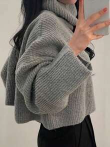 Grey Ribbed Turtleneck Cropped Sweater, Loose Slouchy Slimming Versatile Autumn/Winter Knit Top - Grey - View 10