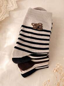 5 Pairs Maillard Vintage Coffee Brown Bear Striped Mid-Calf Socks, Casual Commute All-Season Versatile Women's Socks - Multicolor - View 7