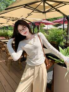Kaos Lengan Panjang Leher Persegi Bergaris Gaya Korea 2 in 1 untuk Wanita, Cocok untuk Awal Musim Semi, Ukuran Mungil, Potongan Ramping, Lapisan Dalam, Atasan Pendek Kasual - Aprikot - View 8