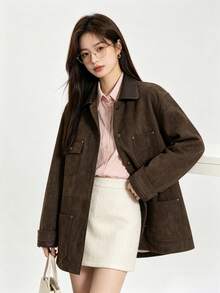 Jaket Kancing Depan Bahan Suede Beludru Gaya Gudang Vintage Maillard Warna Cokelat, Cocok untuk Pakaian Sehari-hari di Kampus/Kantor, Musim Dingin - Chocolate Brown - View 7