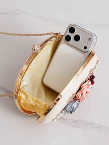 Evening Clutch Bag Fashion Floral Rhinestone Decor Handbag Oval Small Round Bag Shoulder Crossbody Chain Bag Handheld Bag Evening Bag For Women - Apricot - View 10