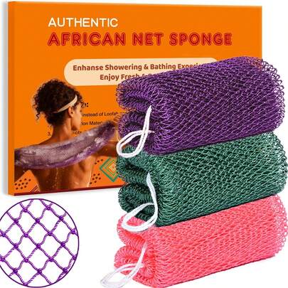 Esponja de Red Africana Auténtica, 3 Piezas Esponja de Red Exfoliante Africana Cepillo Corporal y Espalda Paño de Lavado Exfoliante para Ducha y Baño para Todo Tipo de Piel