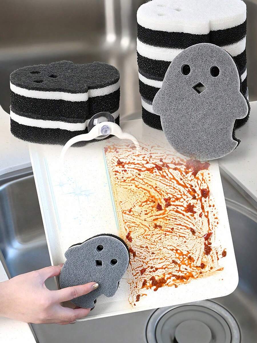3 piezas de esponjas de limpieza mágicas de 3 capas con diseño de fantasma lindo (estante de almacenamiento no incluido), potentes para eliminar grasa pesada de cocina, esponja multiusos para cocina y baño, decoración de otoño, decoración de Halloween para el hogar y la cocina, adecuadas para uso en centros comerciales y restaurantes