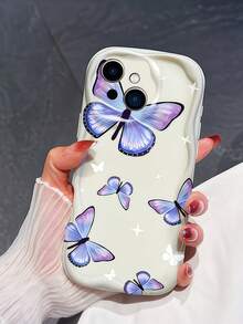 Creamy Dopamine Wavy Ruffle Soft TPU Texture, Creative Personalized Milk White Gradient Purple Butterfly Pattern Phone Case Compatible With Galaxy S21 S22 S23 S24 S25 S26/Honor/ And Other Models - White - View 2