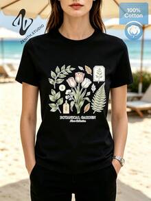 BOTANICAL GARDEN Elegantes Baumwoll-T-Shirt mit Blumen- & Farnblatt-Print für den Frühling, Cottagecore-Mode - Schwarz - Übersicht 3