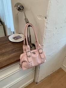 Tas Tangan Silinder Minimalis Warna Pink Polos dengan Detail Cincin Logam Perak dan Kancing, Penutup Resleting Ganda, Interior Luas, Cocok untuk Wanita, Aktivitas Kampus dan Akhir Pekan. - Berwarna merah muda - View 3
