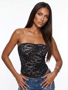 Women's Lace Corset Tops Sleeveless Strapless Solid Color Bustier Tube Tops - Black - View 4