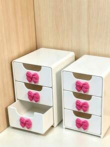 Mini Desktop Drawer Storage Box With Bow Decoration, Plastic Multi-Layer Jewelry & Cosmetic Organizer, Non-Electric Desktop Storage, Suitable For Vanity, Bedroom, Office, Ideal For Storing Daily Essentials, Perfect For Home Vanity - Multicolor - View 3