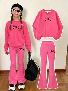 2pcs Girls Outfit, Bow Print Sweatshirt And Flare Pants, Soft Fabric Casual Streetwear - Hot Pink - View 7