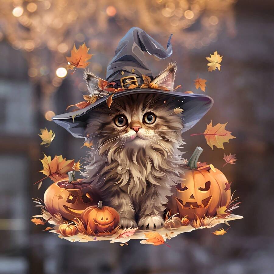 Halloween Witch Hat Long Hair Cat Window Static Cling Sticker, Cartoon Pumpkin Lantern Fallen Leaves Atmosphere Window Decal, Glue-Free Removable Glass Window Decoration Sticker, Autumn Harvest Theme Home Floor-To-Ceiling Window Sliding Door Storefront Display Decor Sticker, Party Store Glass Window Atmosphere Decoration Bedroom Entryway Holiday Soft Decor Wall Sticker - Multicolor - View 1