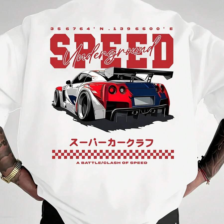 Men Summer Racing-Themed T-Shirt Loose Fit A Round Neckline Featuring Car Patterns Made Breathable Fabric A Street Style Design - 款式 - 查看 1
