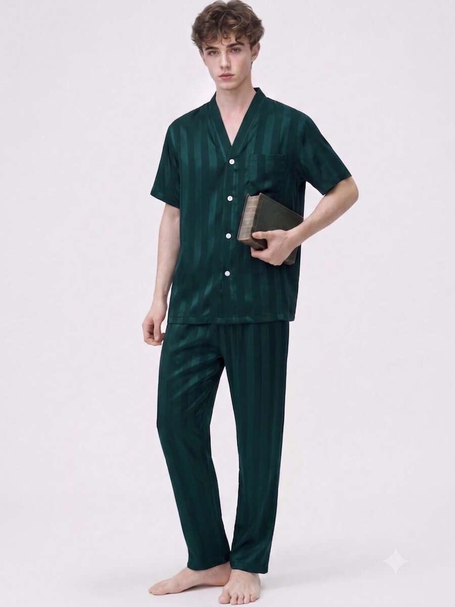 2pcs/Set Men's Pajamas Summer Short Sleeve Long Pants Satin Green Striped Casual Comfortable Spring Autumn Sleepwear Fashionable Homewear Outfit - Green - View 1