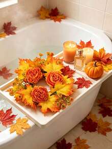 51pcs/Set Halloween/Autumn Maple Leaf Candle Ring Decor. Artificial Maple Leaf Set, Candle Wreath, Autumn Tabletop Decoration, Halloween And Thanksgiving Centerpiece, Harvest Festival Party Styling, DIY Autumn Wedding Tabletop Decor. - A - View 6