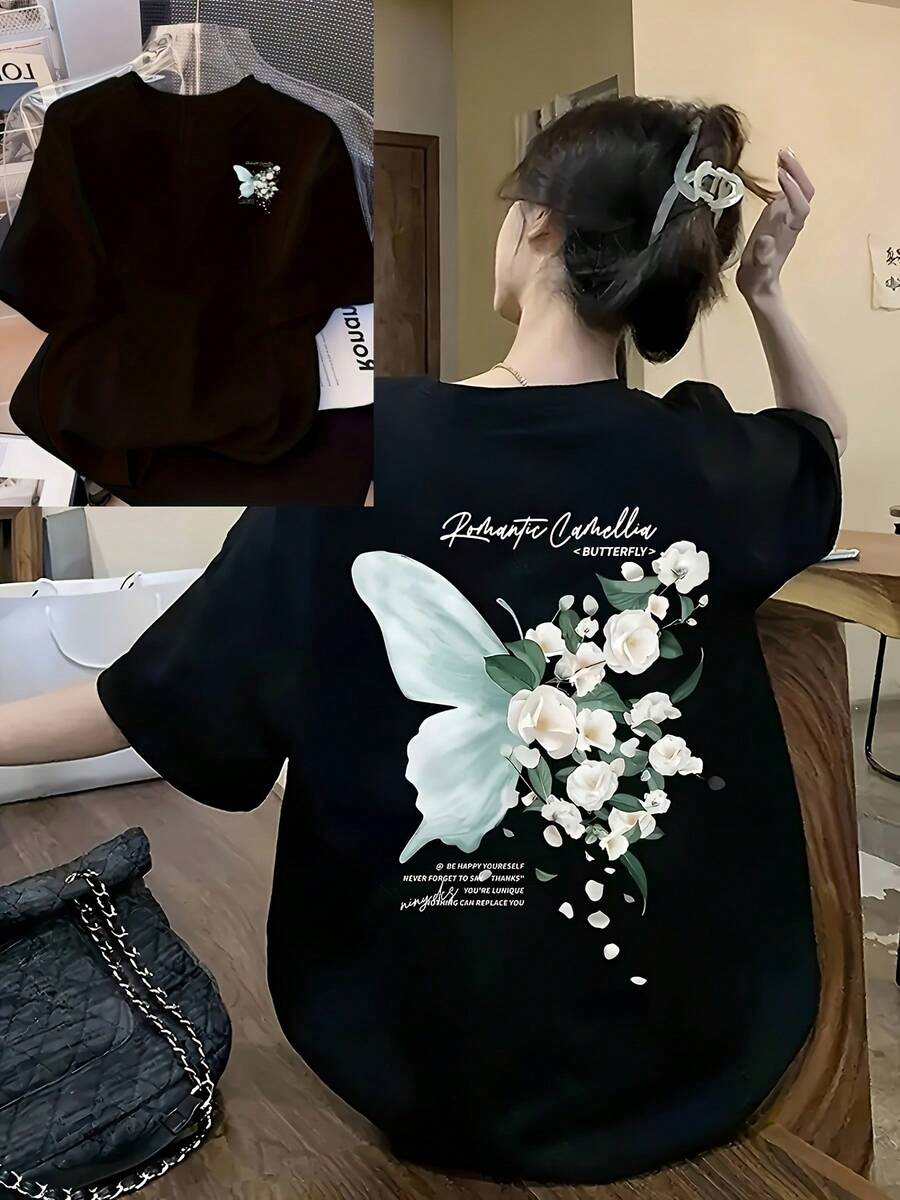 Double-Sided Butterfly Print Short-Sleeved T-Shirt, Casual Short-Sleeved - Fabric, Perfect Choice For Summer Comfortable Women'S Fashion - Soft And Br - Black - View 1