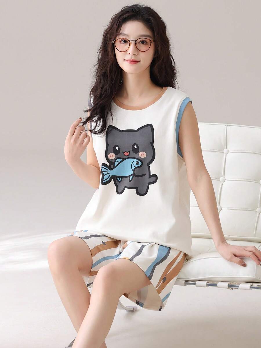 AICJ 两件套女士休闲卡通招财猫鱼印花圆领无袖上衣和短裤睡衣套装,柔软舒适,适合春夏穿着 - 彩色 - 查看 1