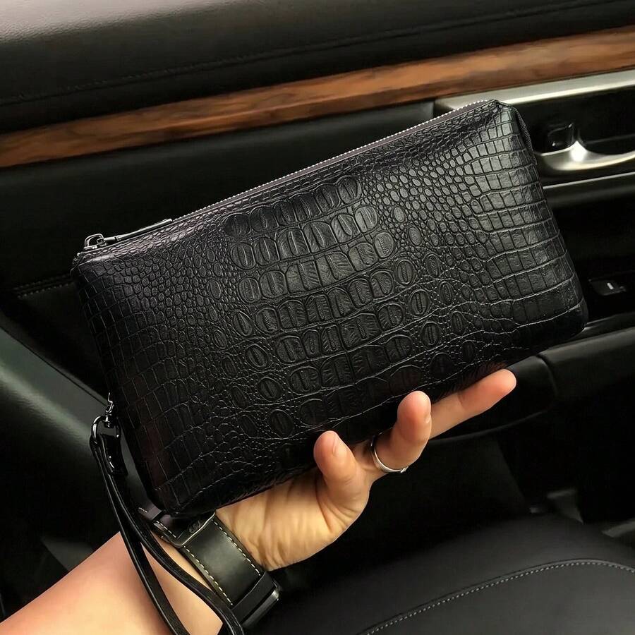 HOVI'S 復古男士鱷魚壓紋手拿包 大容量手提包 便攜手機包 日常通勤用 男士禮物 - 黑色 - 查看 1