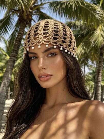 1pc Bohemian Hollow Crochet Hairnet, Vintage Draped Pearl Crochet Hat, Beach Vacation Hairnet