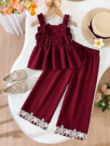 2pcs/Set Girls Casual Hollow Flower Lace + 3D Bow Camisole Top & Flower Lace Long Pants Outdoor Set Spring/Summer - Multicolor - View 4