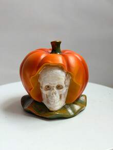 1 pieza Figura de calabaza con calavera aterradora, decoración de terror realista naranja, estatua de escritorio de Halloween, decoración interior de chimenea de otoño, regalo de graduación, centro de mesa para fiesta de Halloween, acento popular de habitación gótica oscura - Multicolor - Ver 10