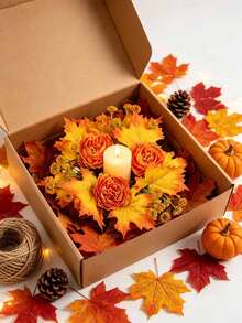 51pcs/Set Halloween/Autumn Maple Leaf Candle Ring Decor. Artificial Maple Leaf Set, Candle Wreath, Autumn Tabletop Decoration, Halloween And Thanksgiving Centerpiece, Harvest Festival Party Styling, DIY Autumn Wedding Tabletop Decor. - A - View 7