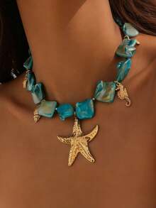 1pc Bohemian Style Ocean Vacation Gold Starfish Shell Multi-Pendant Women's Necklace, Suitable For Women's Beach Vacation, Party, Casual Wear, Multi-Functional Women's Jewelry - Durable All-Year Gift, Necklace Charm, Ocean Theme Jewelry, Stable Color Beads, Holiday Gift - Multicolor - View 3