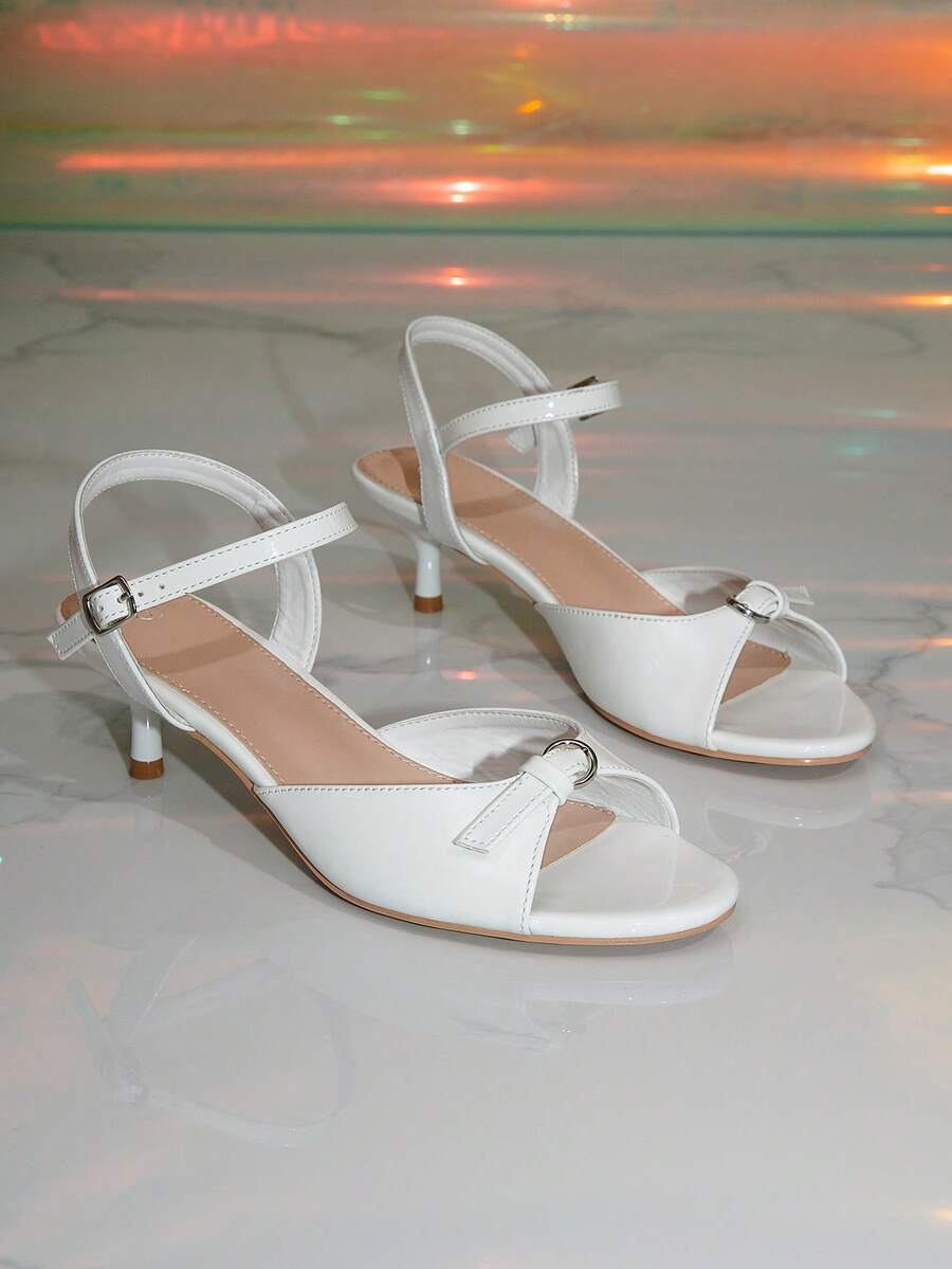 Women's Patent Leather Thin Heel Peep Toe Bow Sandals, Shiny Single Strap Sandals/Ankle Strap Sandals, Open Toe Thin Heel Fashion Elegant Sandals For Women, Daily Commute Versatile Thin Heel Sandals, Evening Sandals/Party Sandals, Daily Commute Sandals, Solid Color Elegant PU Leather Buckle Western Style, Luxury Style, Casual Style, Vacation Style Party Summer - White - View 1
