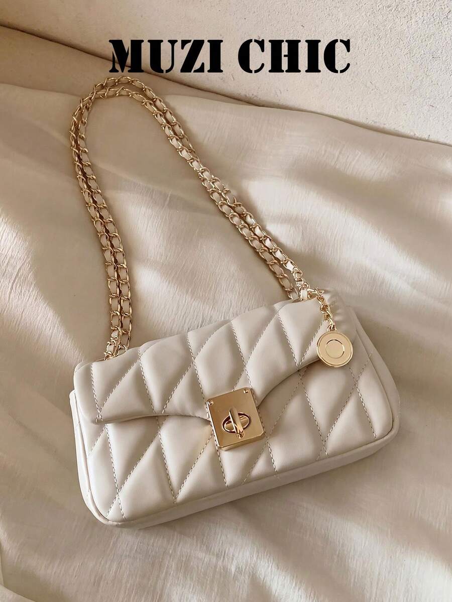 Cream White Quilted Chain Crossbody Bag, Square Gold Twist Lock Small Shoulder Bag, Round Metal Pendant, Elegant Mini Flap Bag, Suitable For Daily Dating - White - View 1
