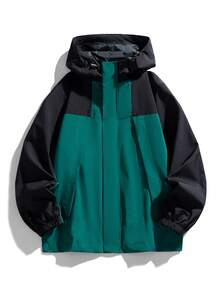 Women's Black & Dark Green Colorblock Hooded Jacket, Adjustable Drawstring Hood, Front Zipper Outdoor Hiking Sports Jacket - Dark Green - View 3