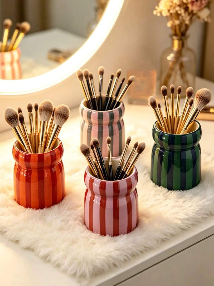 1 INS-Style Hand-Painted Two-Tone Striped Plastic Storage Tube, Cosmetic Organizer, Makeup Brush Holder, Eyebrow Pencil, Eyeliner, Lipstick Storage Box, Desktop Decoration, Holiday Gift For Family And Friends - A - View 1