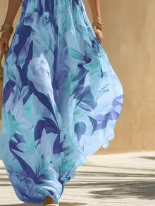 Women's Spring/Summer Halter Neck Top & Elegant Floral Long Pants 2-Piece Set, Casual Daily & Vacation Outfit - Blue - View 4