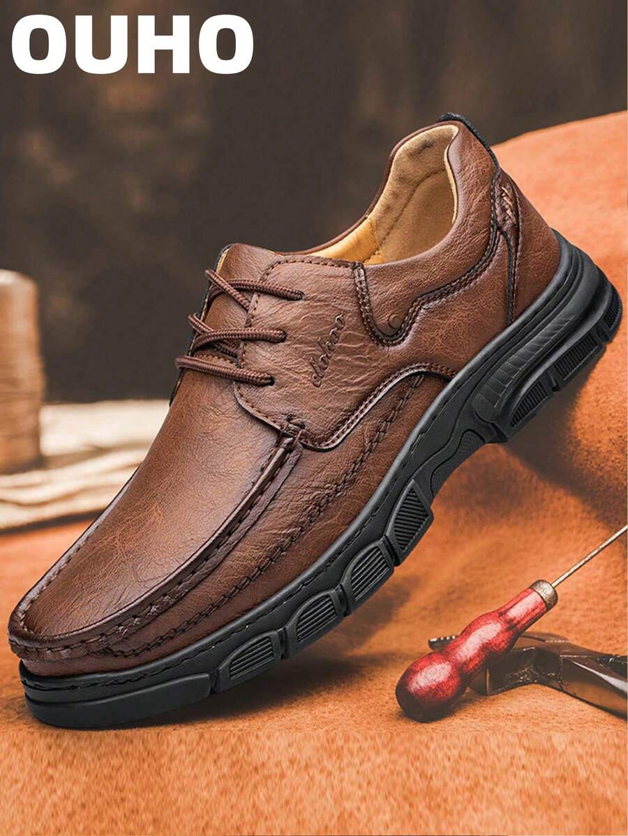 OUHO 品牌獨家手工男士樂福鞋,橡膠底厚底透氣休閒皮鞋,經典手工縫線設計 - 咖啡棕 - 查看 1
