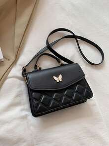 Black Diamond Quilted Flap Handbag, Shell Inlaid Butterfly Metal Decor Top Handle Crossbody Bag With Adjustable Strap - Black - View 2