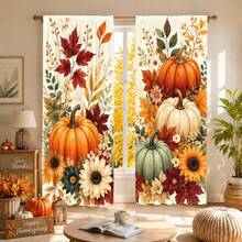 2 Stück Herbst-Erntedekoration Vorhänge, heller Kürbis- & Sonnenblumen-Muster, lichtdurchlässiger Stoff, Wohnzimmer Schlafzimmer Küche Fensterdekoration, Herbst-Heimdekoration - Verschiedenfarbig - Übersicht 8
