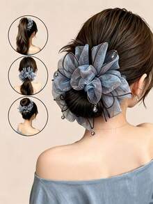 1pc Gray Blue Mesh Flower Pendant Hair Scrunchie, Soft Fairy Fluffy Large Hair Tie For High Ponytail Bun, Spring Summer Commute Date Hair Accessory - Multicolor - View 3