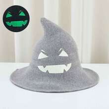 Knitted Witch Hat, Glowing Pumpkin Face Wide Brim Pointed Witch Hat, Halloween Cosplay Party Holiday Costume Accessory - Glow-in-the-dark Pumpkin - View 4