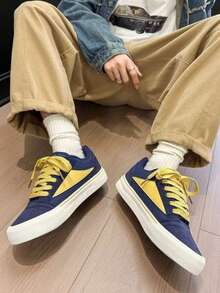 Unisex Fashion Versatile One-Piece Craft Contrast Color Side Triangle Minimalist Pattern Round Toe Low-Top Lace-Up Flat Skate Shoes Retro Style Daily Casual Navy Blue Yellow Canvas Sneakers - Navy Blue - View 15