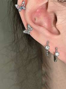 1pc New Fairy-Style Pink & White Butterfly Cartilage Ear Stud, Exquisite & Dynamic Niche Design, Rhinestone-Embellished Fashion Versatile Ear Cuff For Women - Multicolor - View 2
