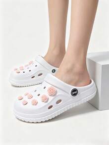 Women's EVA Clogs With Faux Rose Decor, Closed-Toe Beach Slides For Indoor And Outdoor Wear - White - View 7